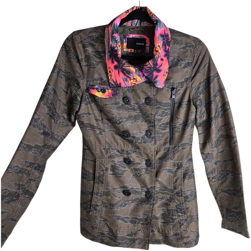 Hurley Camo Utility Jacket Tropical Print Collar Double Breasted Size Small